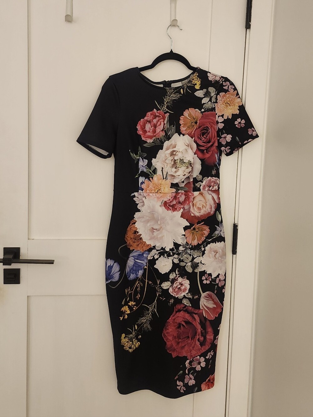ASOS Black Midi Dress with Bold Rose and Peony Floral Print